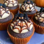 Spooky Spider Web Cupcakes: The Perfect Halloween Treat Recipe 5 Chocolate Halloween cupcakes topped with frosting and spider web decorations for fall festivities.