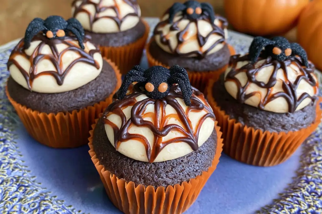 Spooky Spider Web Cupcakes: The Perfect Halloween Treat Recipe 3 Chocolate Halloween cupcakes topped with frosting and spider web decorations for fall festivities.