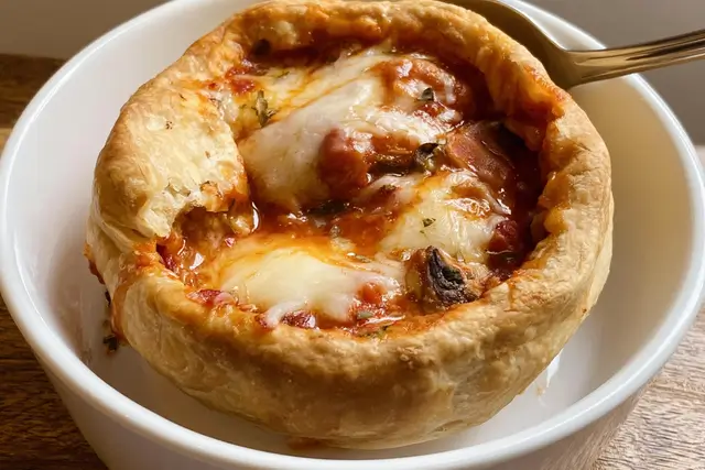Flaky golden pizza pot pie filled with melted mozzarella and savory pizza sauce.