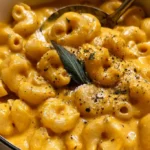 Creamy Pumpkin Mac & Cheese: A Cozy Fall Delight 5 Creamy pumpkin mac and cheese topped with toasted panko breadcrumbs and fresh sage.