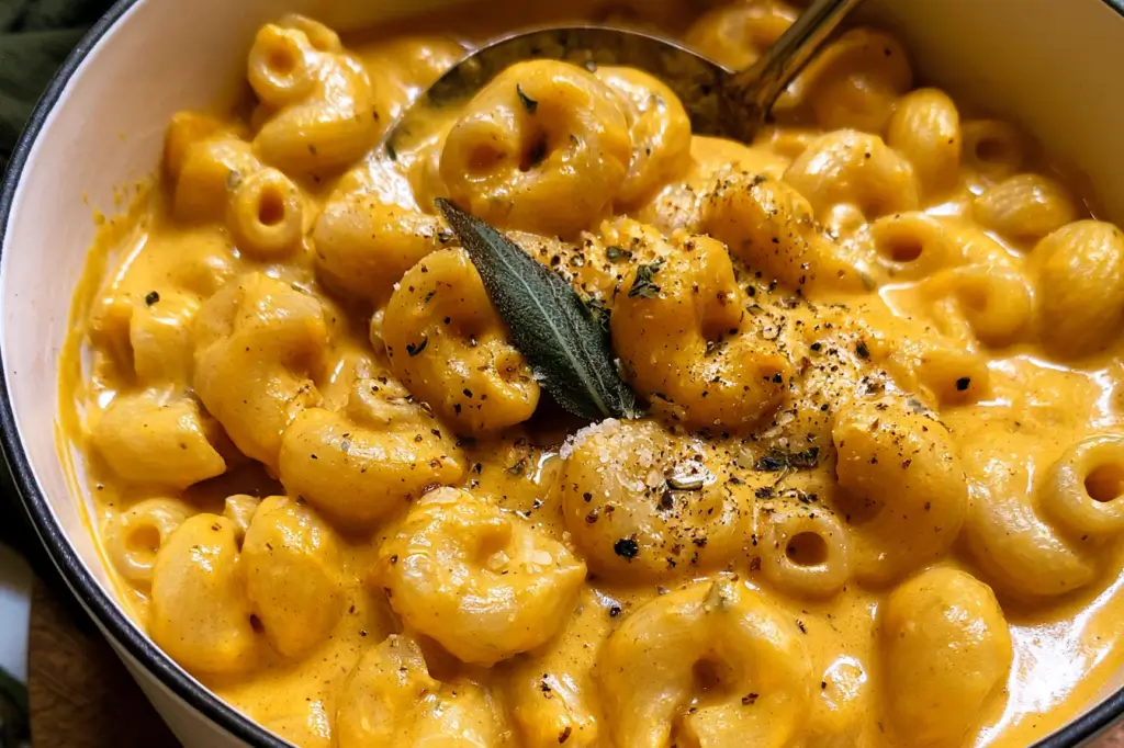 Creamy Pumpkin Mac & Cheese: A Cozy Fall Delight 3 Creamy pumpkin mac and cheese topped with toasted panko breadcrumbs and fresh sage.
