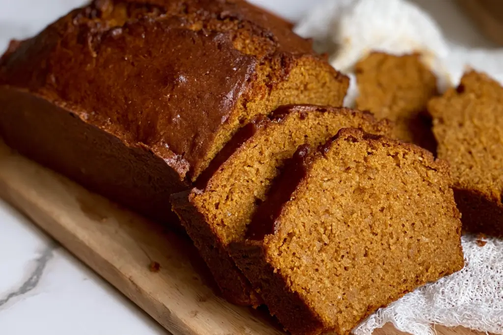 Moist slice of gluten-free pumpkin bread spiced with cinnamon, nutmeg, and cloves.