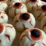 No-bake spooky Halloween eyeballs made with peanut butter, white chocolate, and blue chocolate pupils.