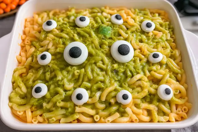 Vibrant green Halloween monster mac and cheese made with white cheddar, fontina, and noodles.