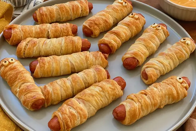Hot Dog Mummies: Spooky Fun for Your Next Party 3 Baked hot dog mummies wrapped in golden crescent roll dough strips.