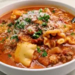 Instant Pot lasagna soup with ground beef, sausage, broken noodles, and grated Parmesan.