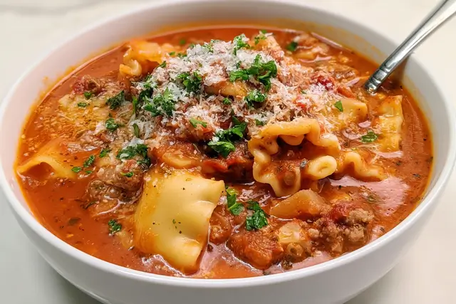Instant Pot lasagna soup with ground beef, sausage, broken noodles, and grated Parmesan.
