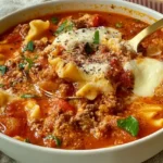 Savory real lasagna soup with ground beef, sausage, broken pasta, and melted cheese toppings.