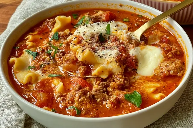 Savory real lasagna soup with ground beef, sausage, broken pasta, and melted cheese toppings.