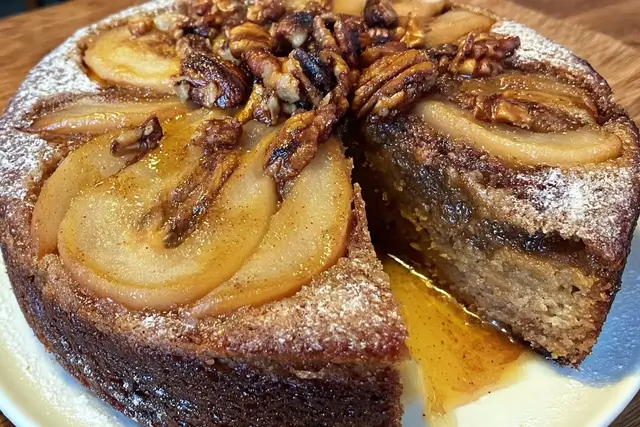 Spiced gingerbread pear cake baked with sweet pears and crunchy pecans.