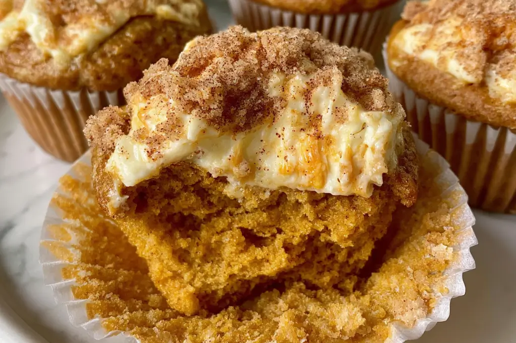 Soft pumpkin cream cheese muffins topped with sweet brown sugar crumb mixture.