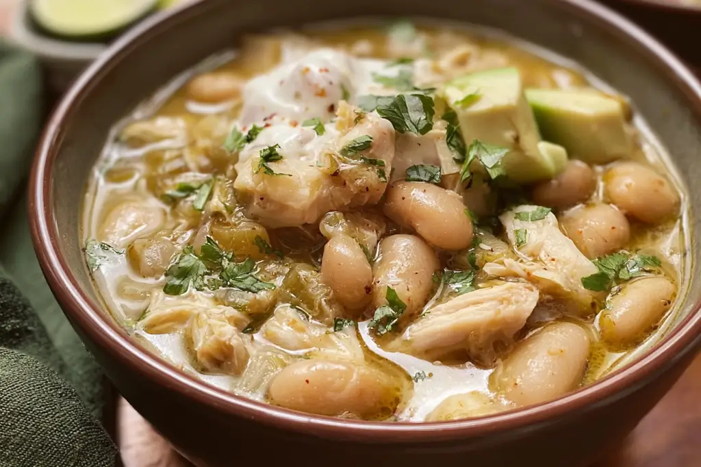 Creamy easy white chicken chili with shredded chicken, white beans, and green chiles.