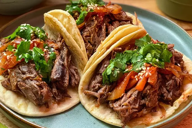 Slow-cooked Korean beef shredded and served in warm corn tortillas with fresh toppings.