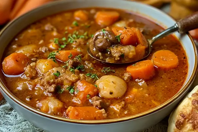 Hearty Witches Brew Stew made with ground turkey, baby potatoes, carrots, and white mushrooms.