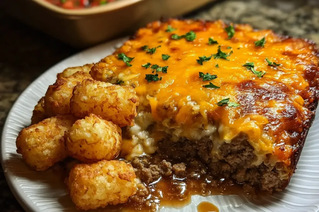 Cheesy Meatloaf Tater Tot Bake Cheesy Meatloaf & Tater Tot Bake Recipe | Easy Comfort Food