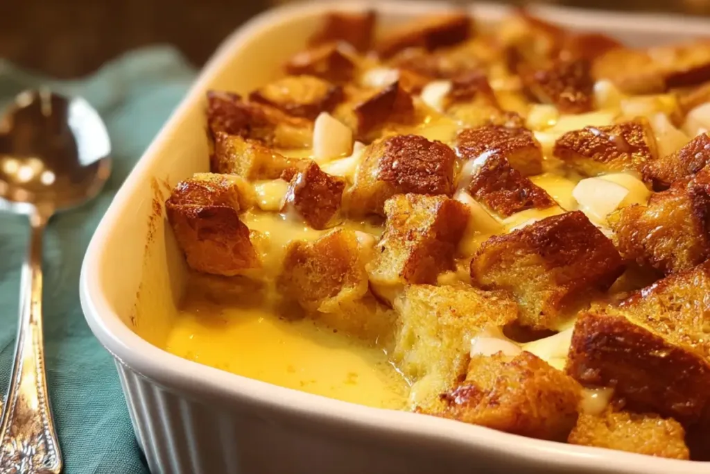 Eggnog and Apple Bread Pudding Close-Up Shot 