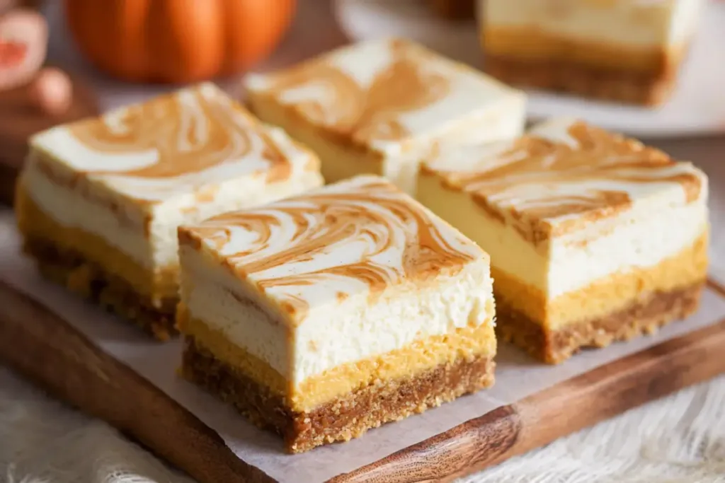Pumpkin Cheesecake Bars: Irresistibly Delicious Fall Treats 4 Delicious Pumpkin Cheesecake Bars on a Serving Plate