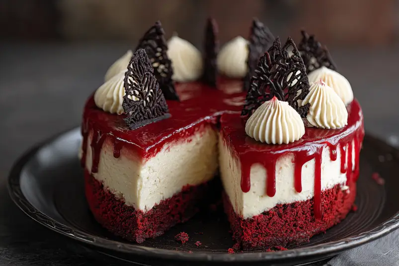 Vampire Bite Red Velvet Cheesecake 1 Vampire Bite Red Velvet Cheesecake Recipe with Raspberry “Blood” Sauce