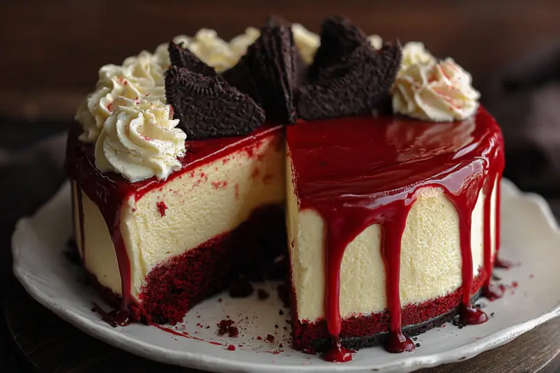 Vampire Bite Red Velvet Cheesecake Vampire Bite Red Velvet Cheesecake Recipe with Raspberry “Blood” Sauce