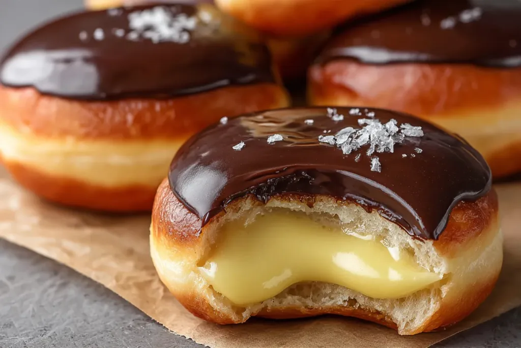 Homemade Boston Cream Donuts Displayed on a Plate