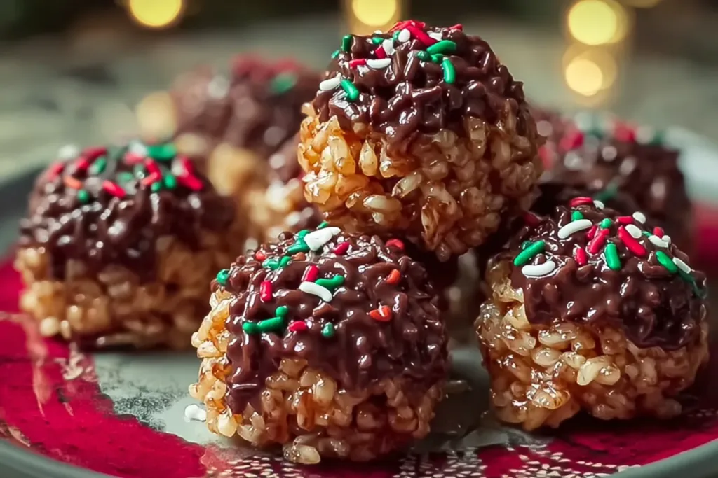 Christmas Chocolate Rice Krispie Balls on Festive Platter