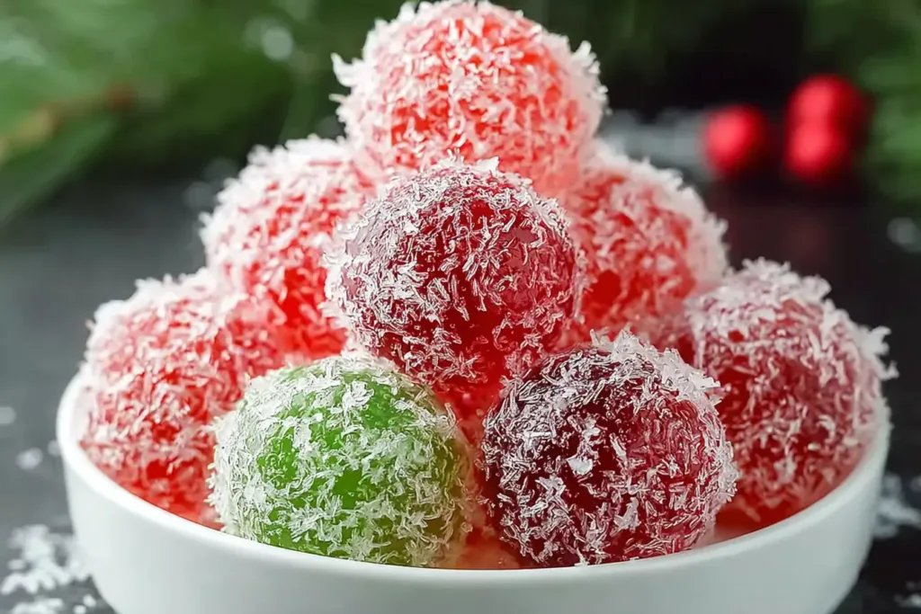 Colorful Christmas Jello Balls on a Festive Table