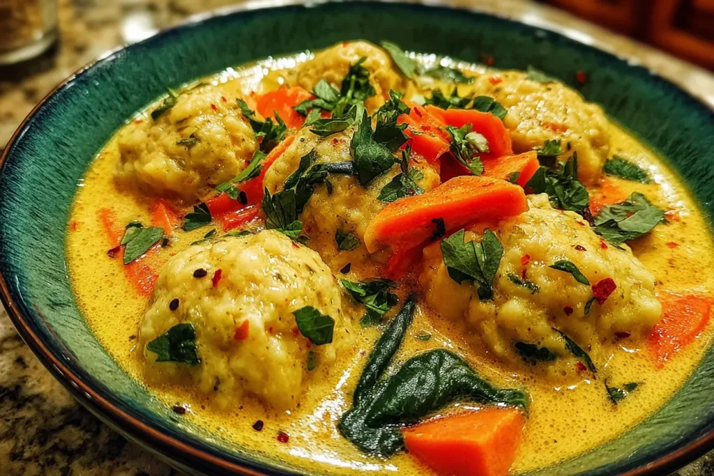 Coconut Curry Soup With Dumplings in a Bowl