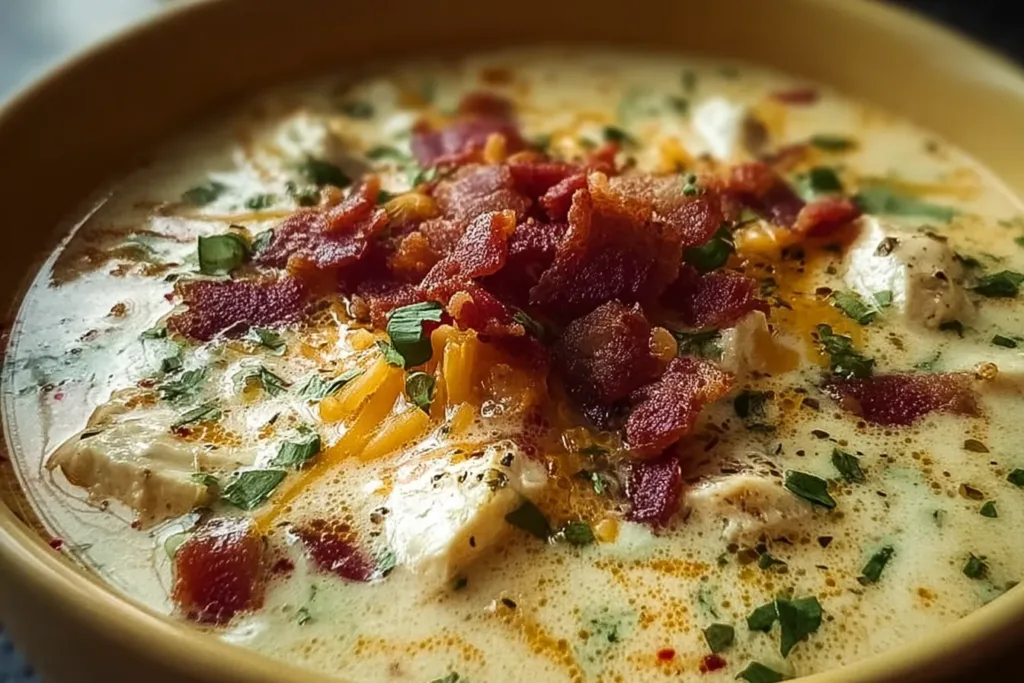 Creamy Chicken Bacon Soup in a Rustic Bowl