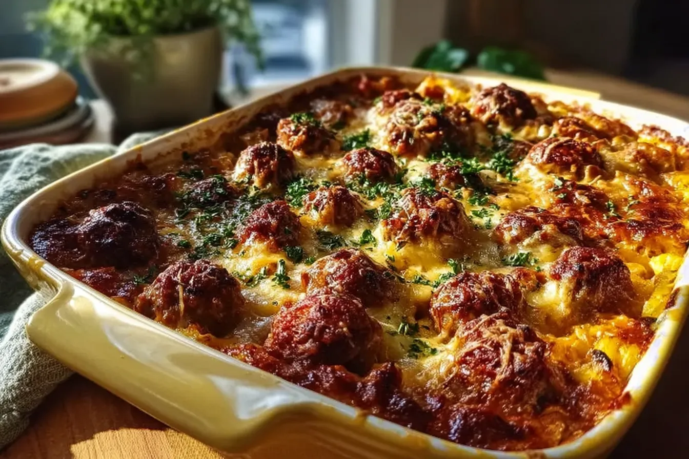 Delicious Dump and Bake Meatball Casserole Ready to Serve