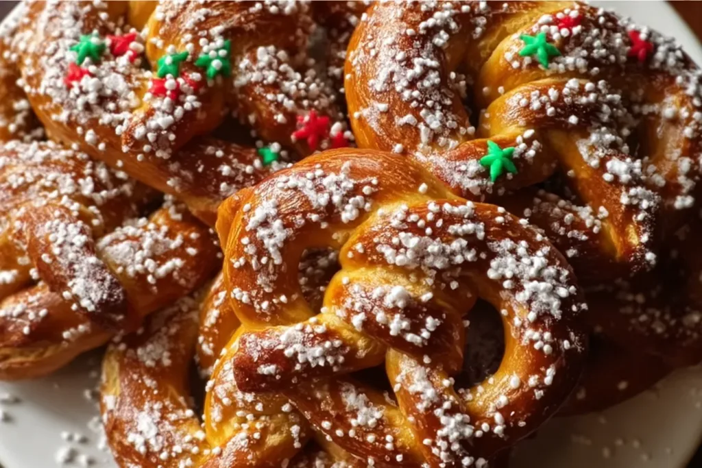 Festive Pretzel Christmas Cookies on a Festive Plate