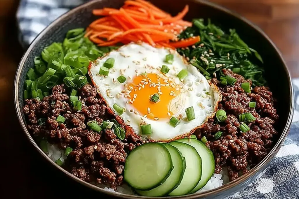 Korean Ground Beef Bowl Garnished with Sesame Seeds