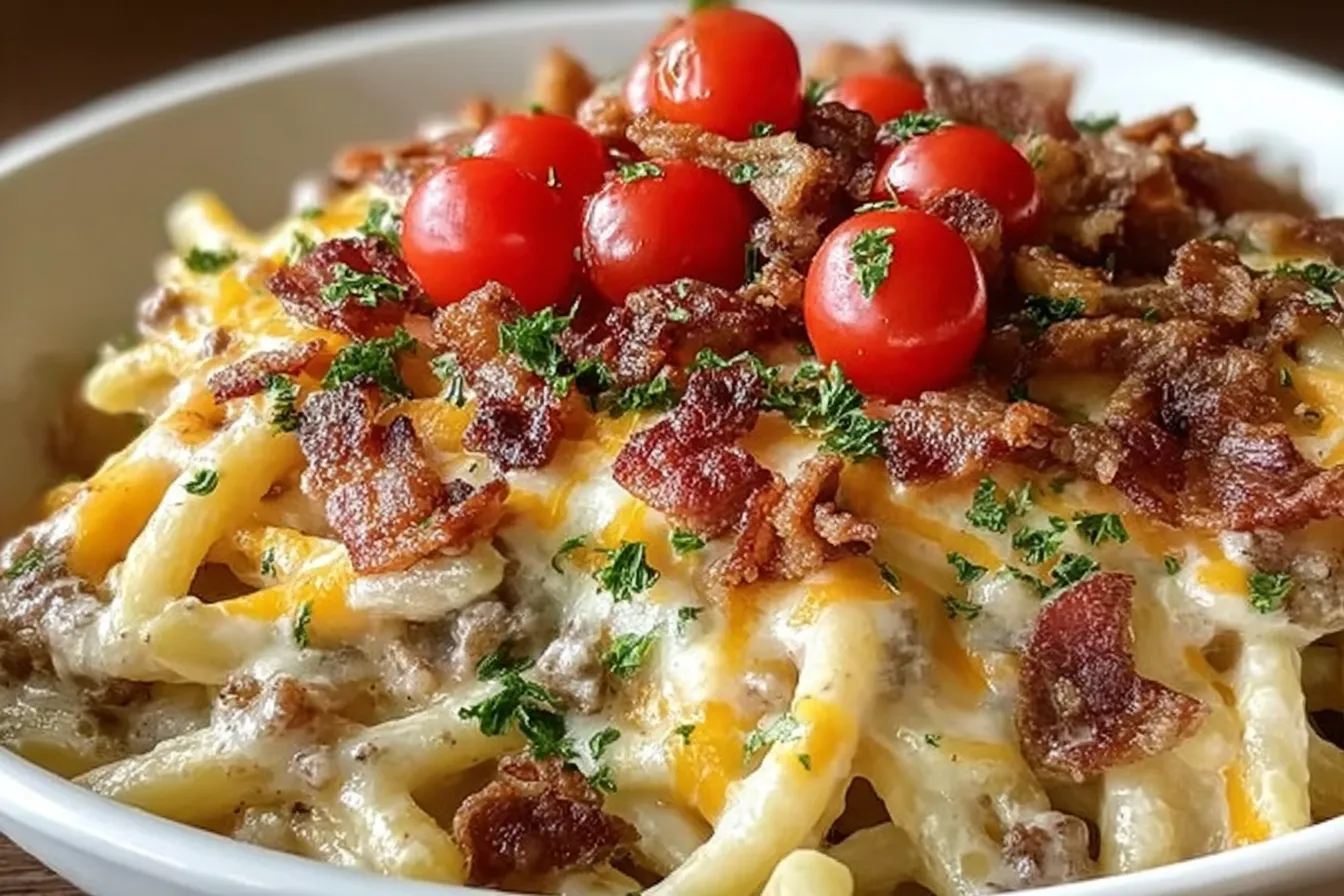 Loaded Bacon Cheeseburger Alfredo Pasta: Comfort Food Bliss 4 Loaded Bacon Cheeseburger Alfredo Pasta