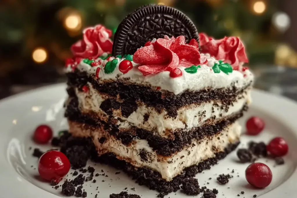No-Bake Christmas Oreo Lasagn in Festive Tray
