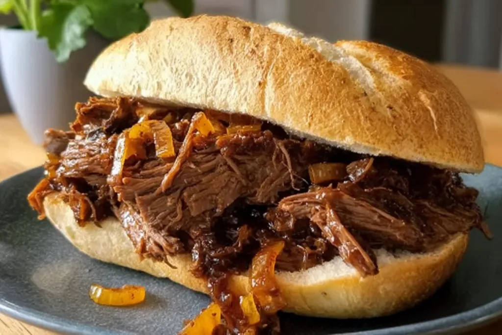 Slow Cooker Shredded Beef Sandwiches Ready to Serve