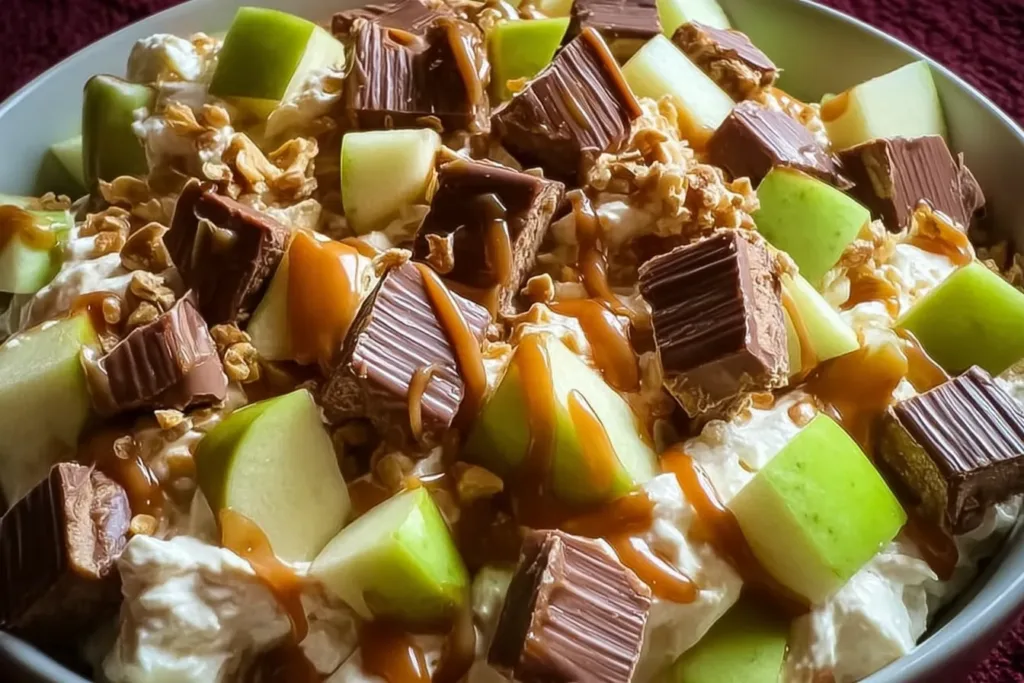 Delicious Snickers Caramel Apple Salad in a Bowl