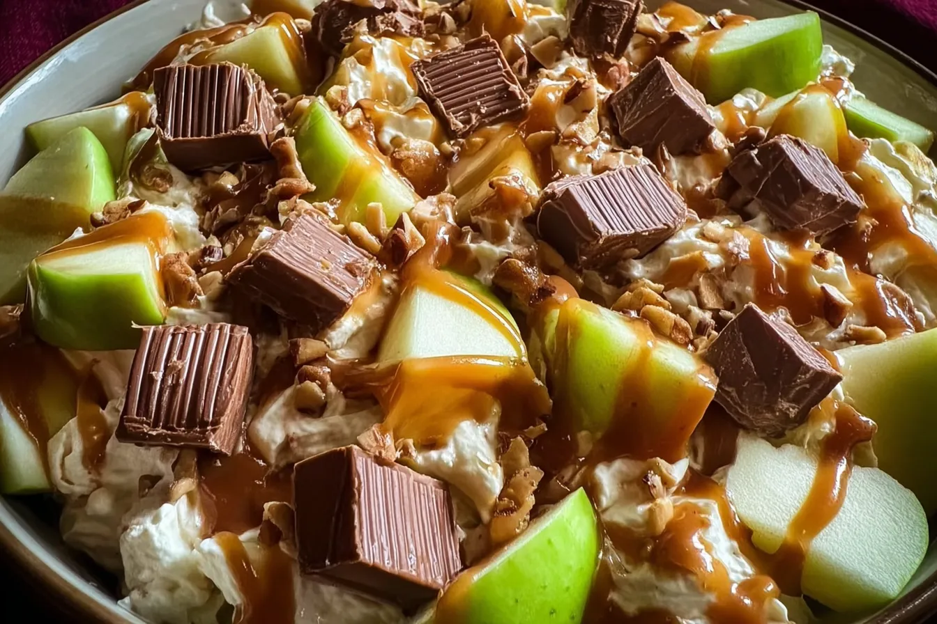 Delicious Snickers Caramel Apple Salad in a Bowl