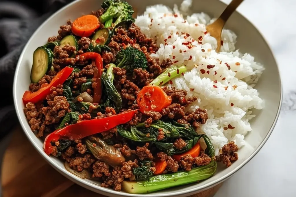 Spicy Ground Beef Stir-Fry Bowl with Garlic Veggies & Rice