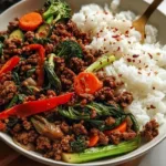 Spicy Ground Beef Stir-Fry Bowl with Garlic Veggies & Rice