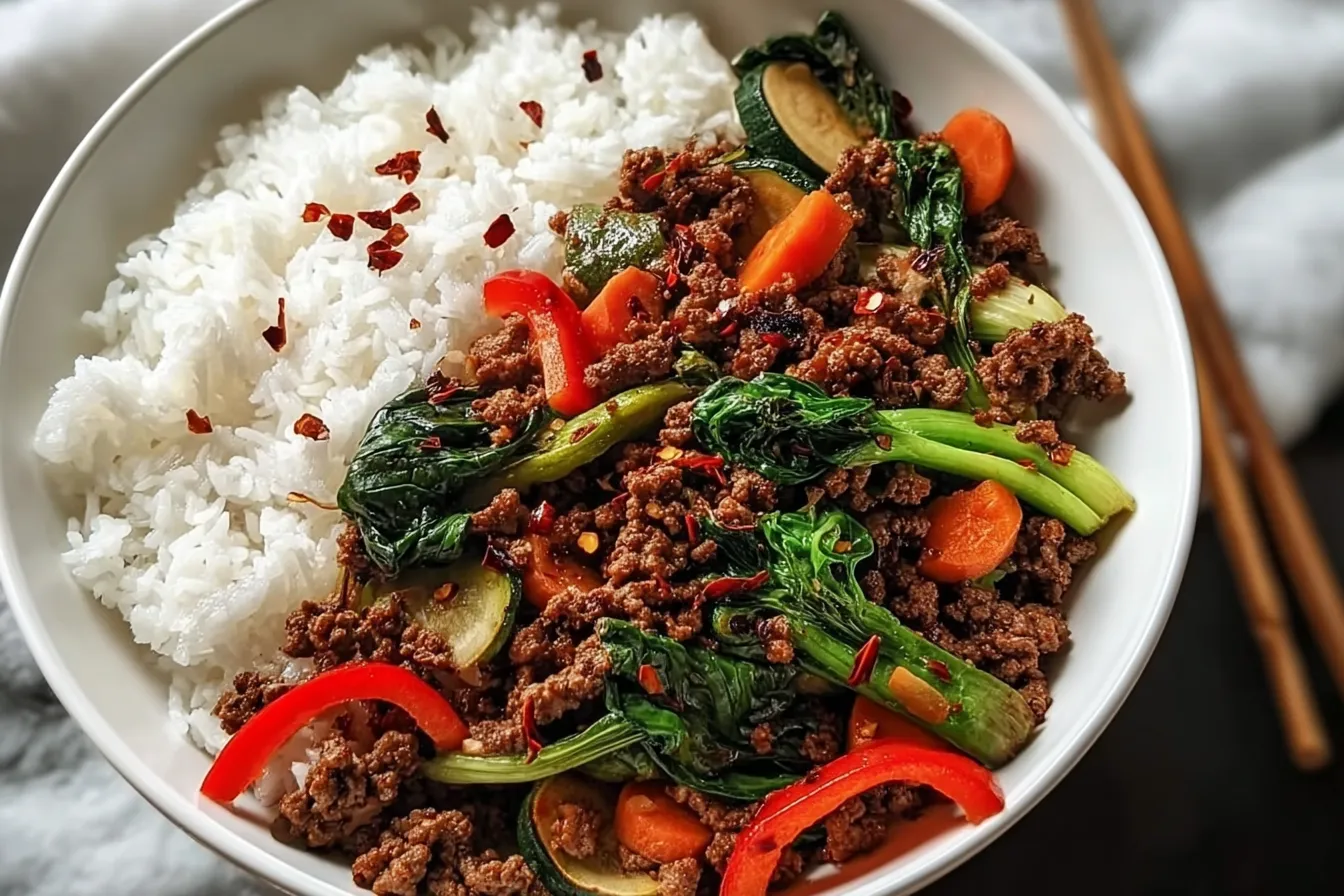 Spicy Ground Beef Stir-Fry Bowl with Garlic Veggies & Steamy Rice 4 Spicy Ground Beef Stir-Fry Bowl with Garlic Veggies & Steamy Rice