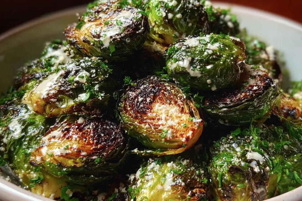Tantalizing Tahini-Caesar Roasted Brussels Sprouts on Plate
