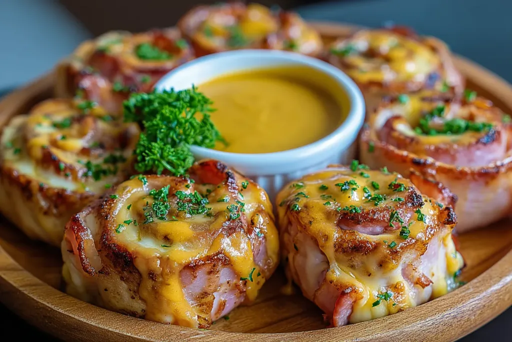 Baked Ham and Cheese Rolls with Honey Mustard Sauce