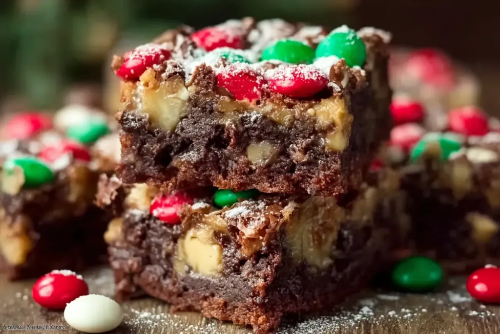 Christmas Magic Layer Brownie Bars on a Festive Table
