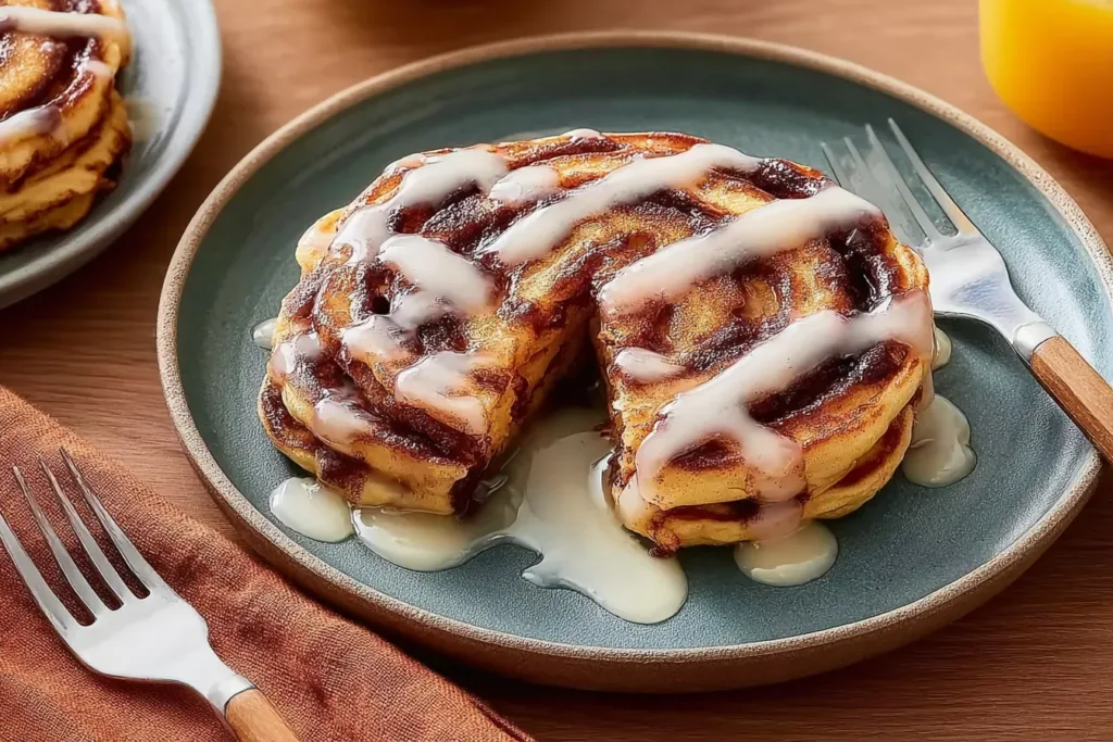 Cinnamon Roll Pancakes with Cream Cheese Drizzle