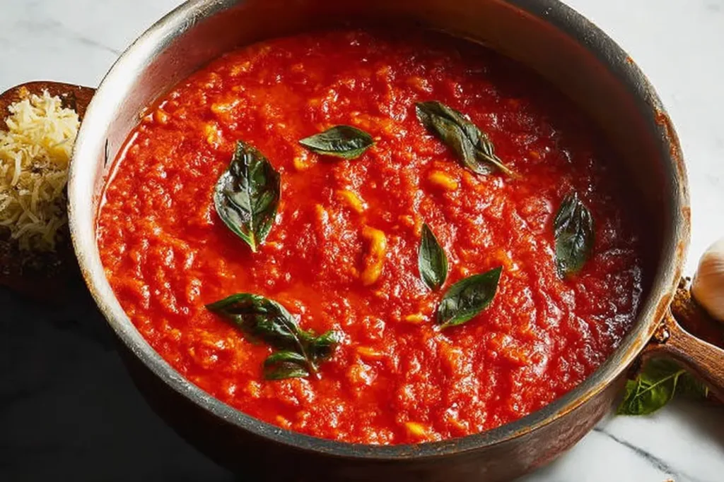 Classic Marinara Sauce Ingredients and Finished Dish