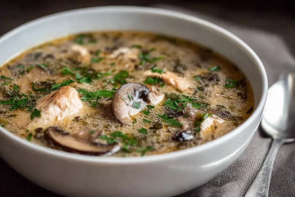 Homemade Clean Chicken Mushroom Soup in a Bowl