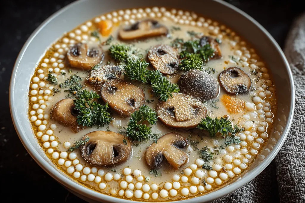 Creamy Mushroom & Pearl Couscous Soup Presentation