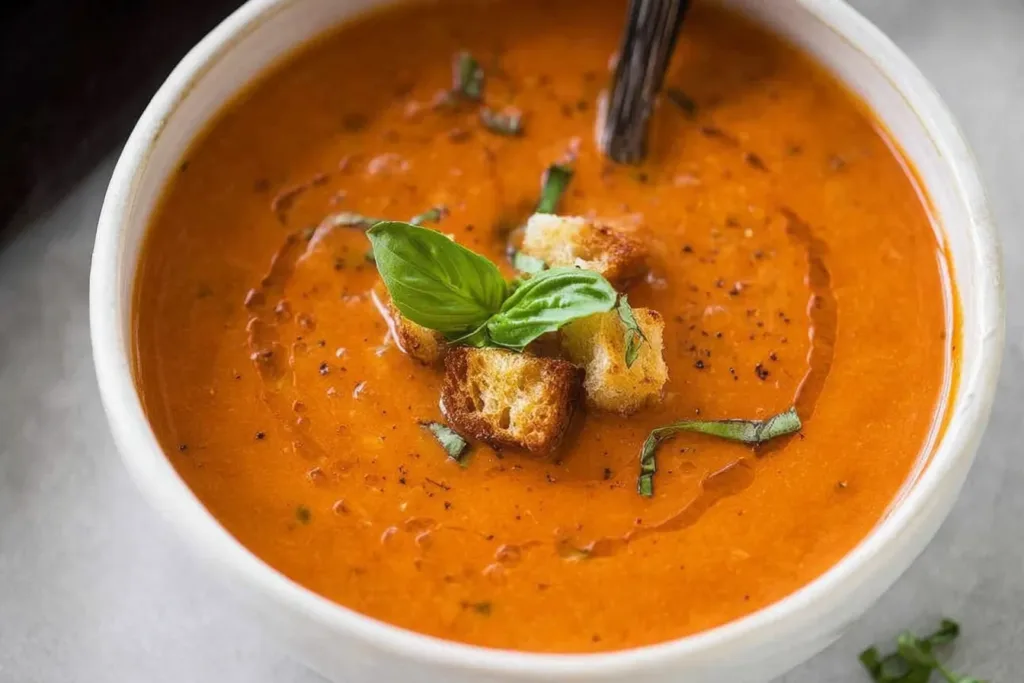 Creamy Tomato Basil Soup in a Bowl Topped with Fresh Basil