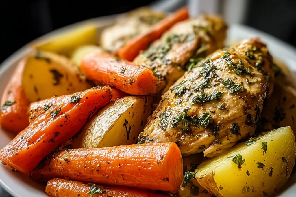 Delicious Slow Cooker Garlic Butter Chicken & Veggies Plated