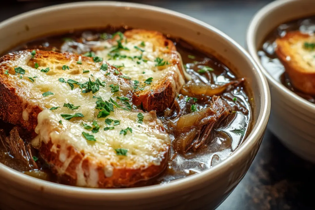 Bowl of French Onion Short Rib Soup Topped with Cheese