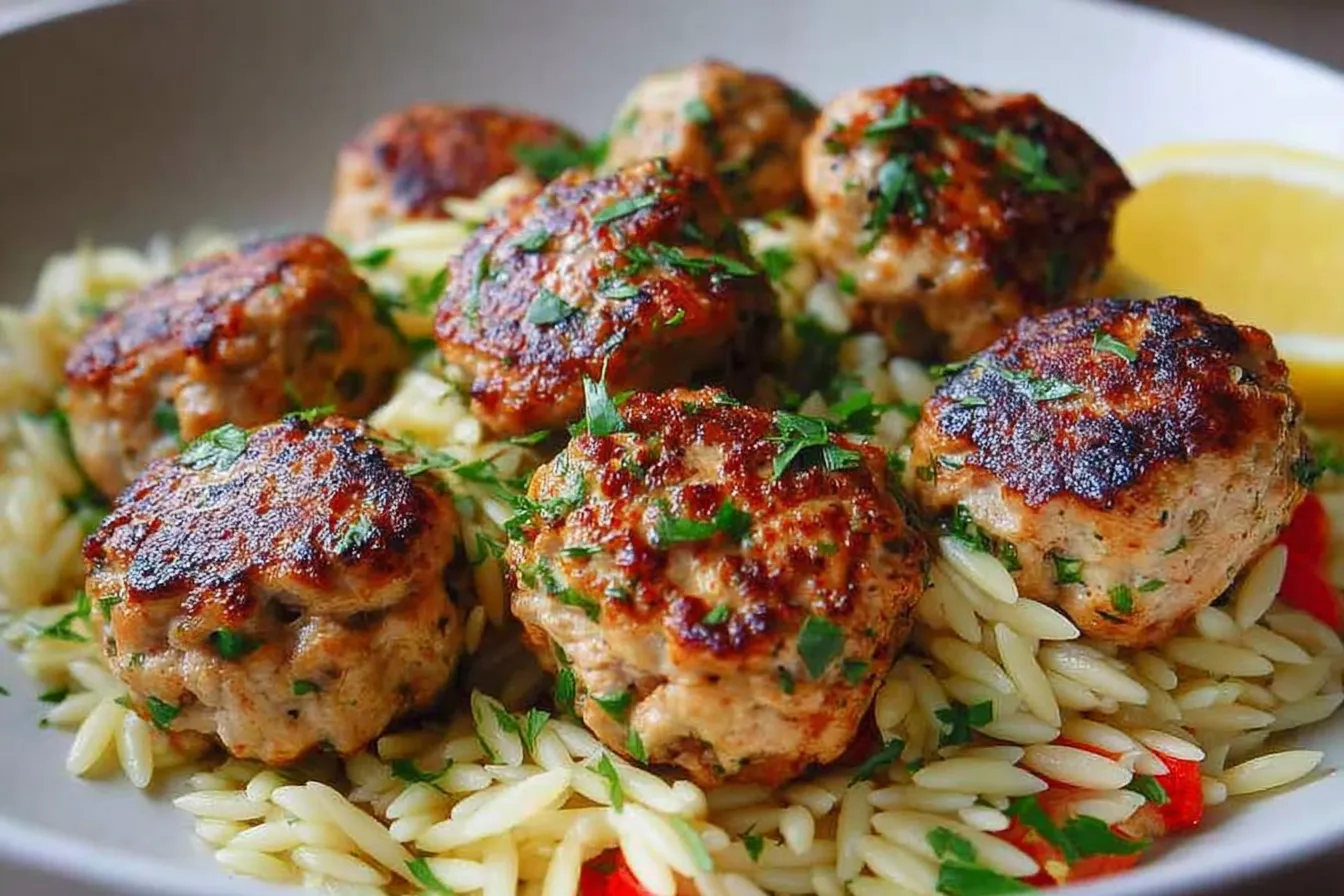 Greek Chicken Meatballs with Lemon Orzo – Deliciously Healthy! 4 Greek Chicken Meatballs with Lemon Orzo – Healthy Mediterranean Dinner Recipe